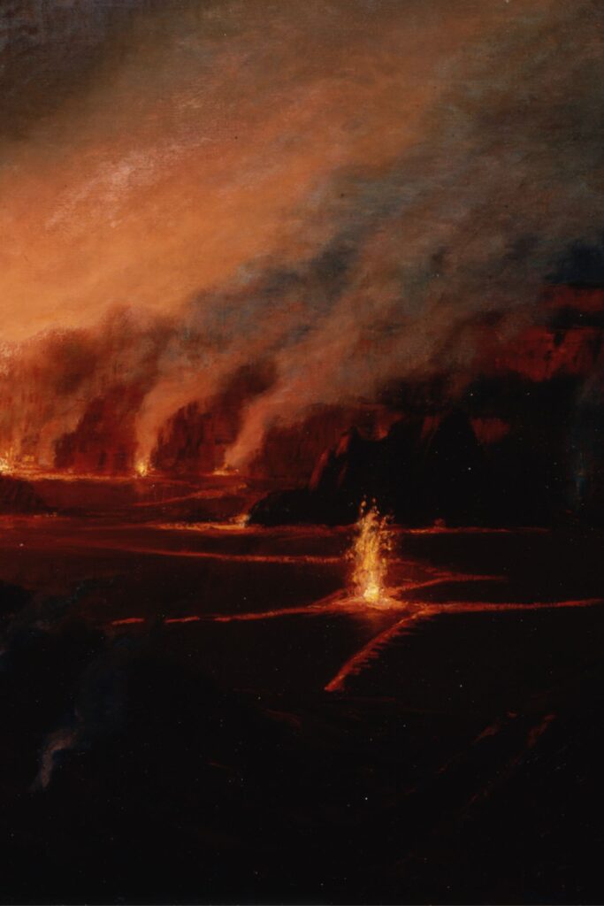 fiery, crackling fire depicted in a Volcano School painting. 