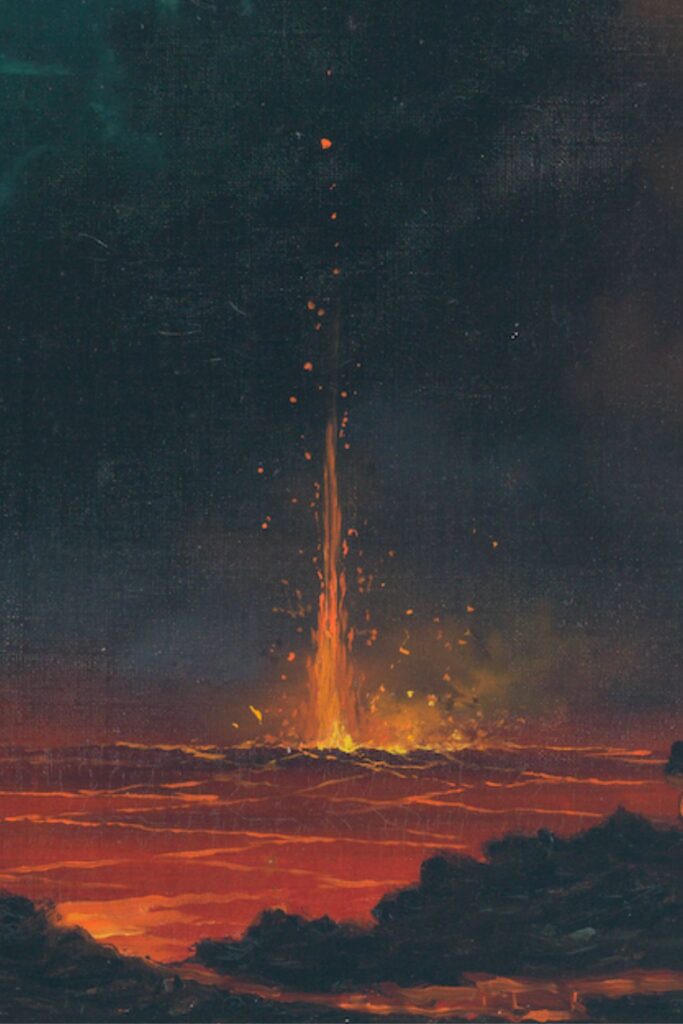 fantastic Volcanic eruption through oil on canvas. 