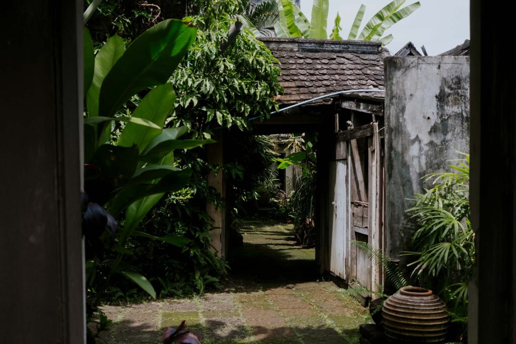 While exploring Chiang Mai by motorbike, the writer discovers a quiet, overgrown courtyard hidden behind a row of luxurious shops in the Wat Ket area.