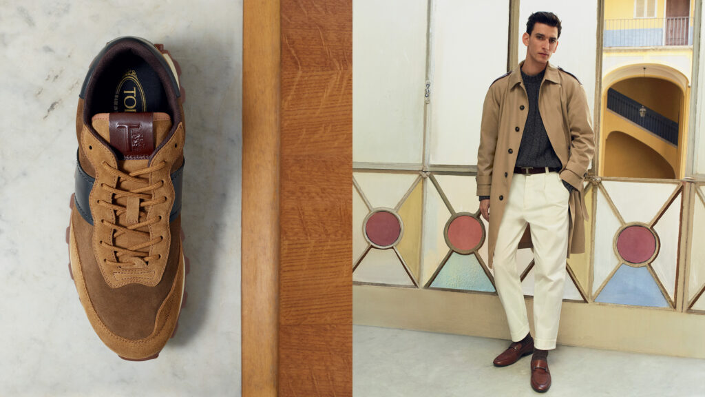 TOD's brand Italian shoe on the left and a male model dressed in classic Tod's menswear.
