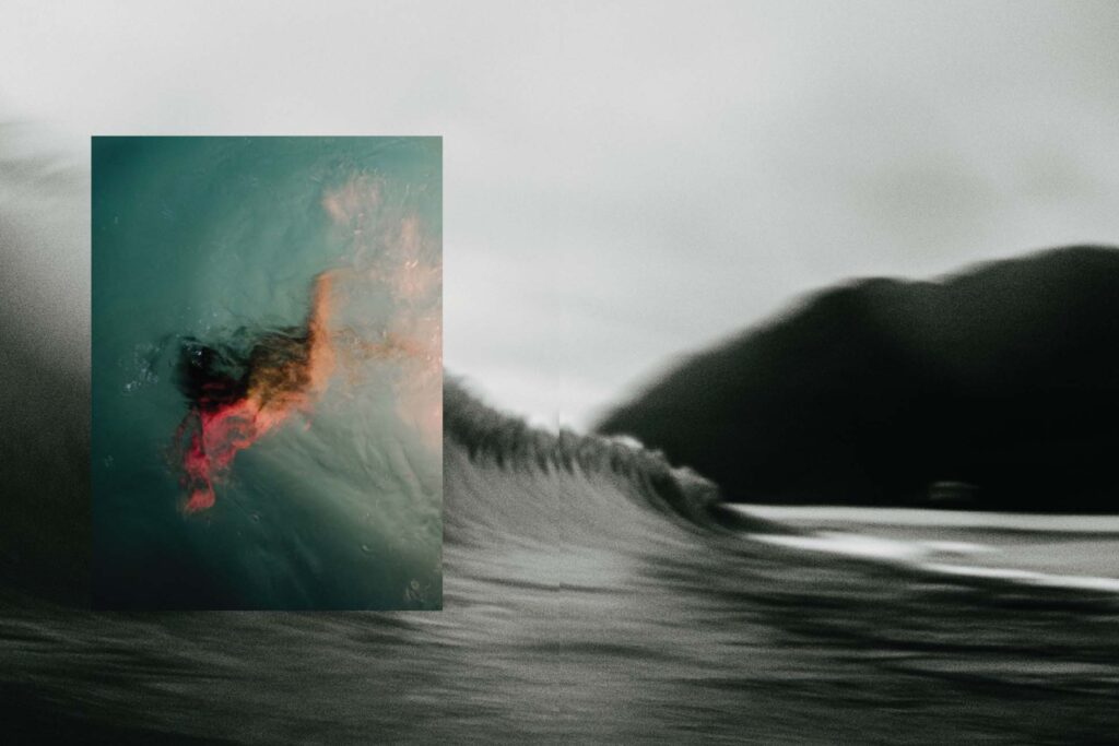 a wave in the ocean with an overlay image of a person swimming underwater