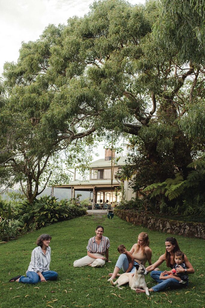 a group of people sitting on grass under a tree